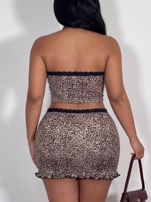 Slaydiva Plus Size Leopard Print Bandeau Top And Skirt 2 Pieces Set - Brown - View 3