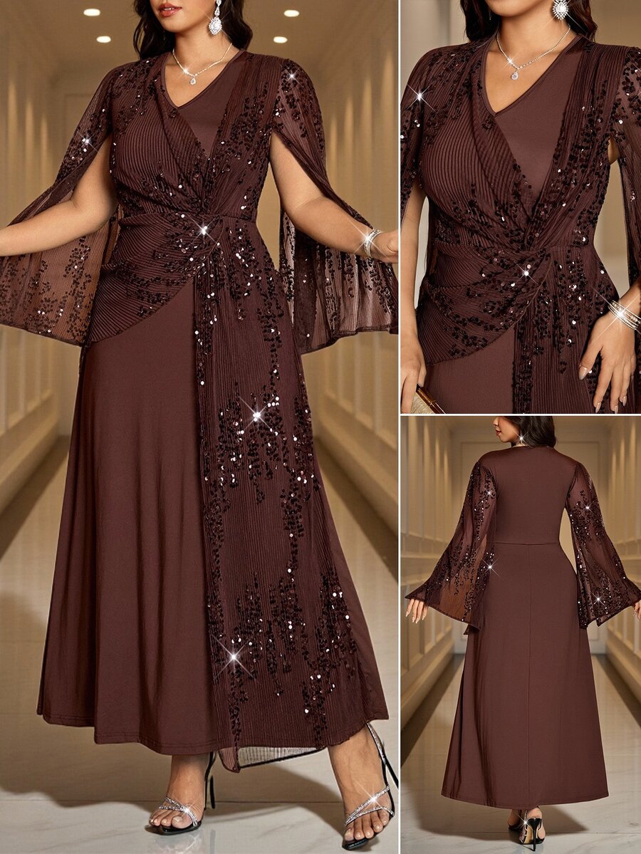Reflora Plus Size Elegant Party Formal Dinner Evening Sequin Patchwork Dress Wedding Brown Autumn - Brown - View 1