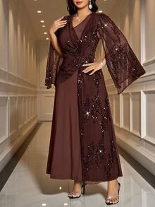 Reflora Plus Size Elegant Party Formal Dinner Evening Sequin Patchwork Dress Wedding Brown Autumn - Brown - View 9
