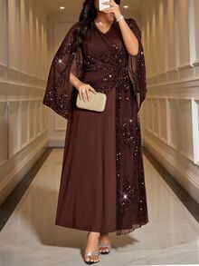 Reflora Plus Size Elegant Party Formal Dinner Evening Sequin Patchwork Dress Wedding Brown Autumn - Brown - View 10