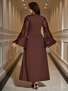 Reflora Plus Size Elegant Party Formal Dinner Evening Sequin Patchwork Dress Wedding Brown Autumn - Brown - View 5