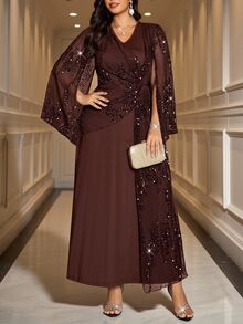 Reflora Plus Size Elegant Party Formal Dinner Evening Sequin Patchwork Dress Wedding Brown Autumn - Brown - View 6