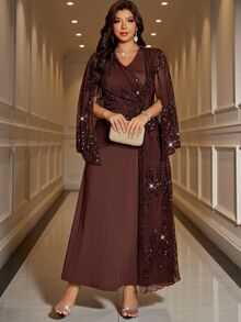 Reflora Plus Size Elegant Party Formal Dinner Evening Sequin Patchwork Dress Wedding Brown Autumn - Brown - View 7