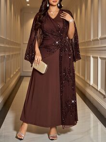 Reflora Plus Size Elegant Party Formal Dinner Evening Sequin Patchwork Dress Wedding Brown Autumn - Brown - View 8
