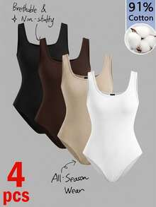 Tseoso 91 Cotton 女款 4 件組 黑色米色白色 羅紋布料 背心式 修身休閒 極簡百搭 連身衣 日常居家服 夏季 - 彩色 - 查看 1