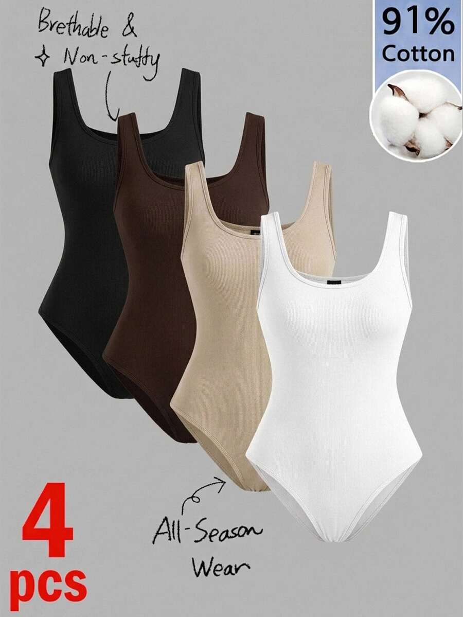 Tseoso 91 Cotton 女款 4 件組 黑色米色白色 羅紋布料 背心式 修身休閒 極簡百搭 連身衣 日常居家服 夏季 - 彩色 - 查看 1
