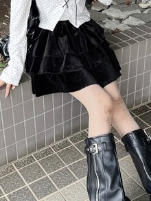 FRIFUL Women's Autumn Layered Velvet Short Skirt - Black - View 7