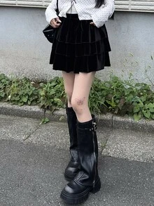FRIFUL Women's Autumn Layered Velvet Short Skirt - Black - View 5
