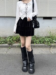 FRIFUL Women's Autumn Layered Velvet Short Skirt - Black - View 4