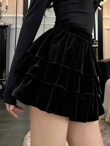 FRIFUL Women's Autumn Layered Velvet Short Skirt - Black - View 8