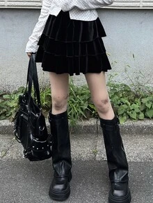 FRIFUL Women's Autumn Layered Velvet Short Skirt - Black - View 1