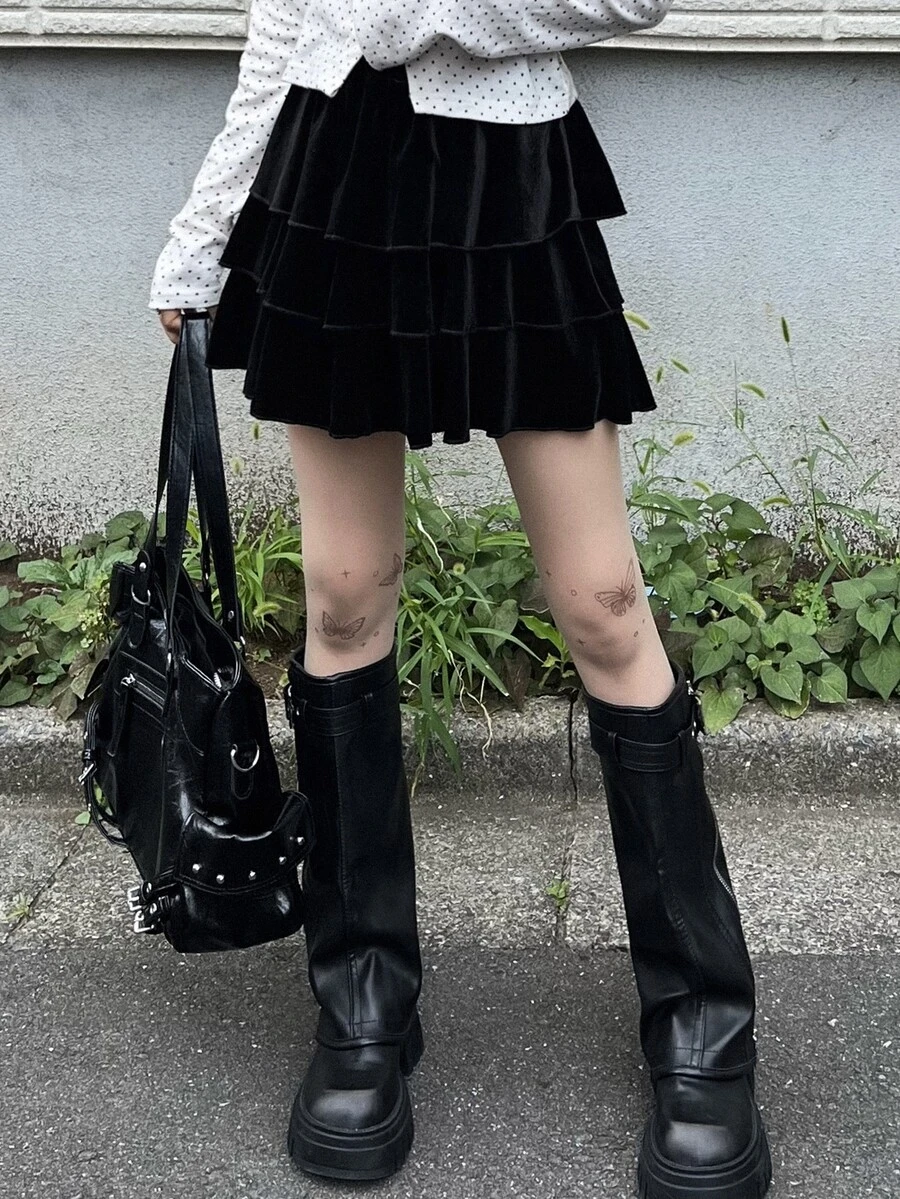 FRIFUL Women's Autumn Layered Velvet Short Skirt - Black - View 1