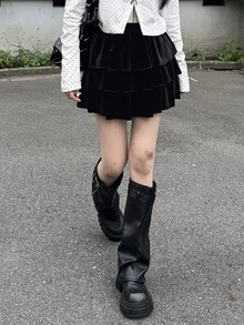 FRIFUL Women's Autumn Layered Velvet Short Skirt - Black - View 6