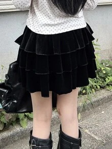 FRIFUL Women's Autumn Layered Velvet Short Skirt - Black - View 3