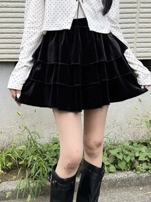 FRIFUL Women's Autumn Layered Velvet Short Skirt - Black - View 2