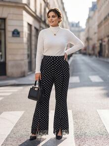 Chikora Plus Size Women's Polka Dot Lace Patchwork Casual Versatile Daily Wear Long Pants - Black - View 5