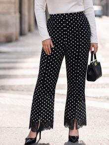 Chikora Plus Size Women's Polka Dot Lace Patchwork Casual Versatile Daily Wear Long Pants - Black - View 4