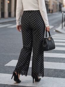 Chikora Plus Size Women's Polka Dot Lace Patchwork Casual Versatile Daily Wear Long Pants - Black - View 3