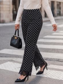 Chikora Plus Size Women's Polka Dot Lace Patchwork Casual Versatile Daily Wear Long Pants - Black - View 6