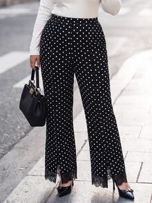Chikora Plus Size Women's Polka Dot Lace Patchwork Casual Versatile Daily Wear Long Pants - Black - View 2