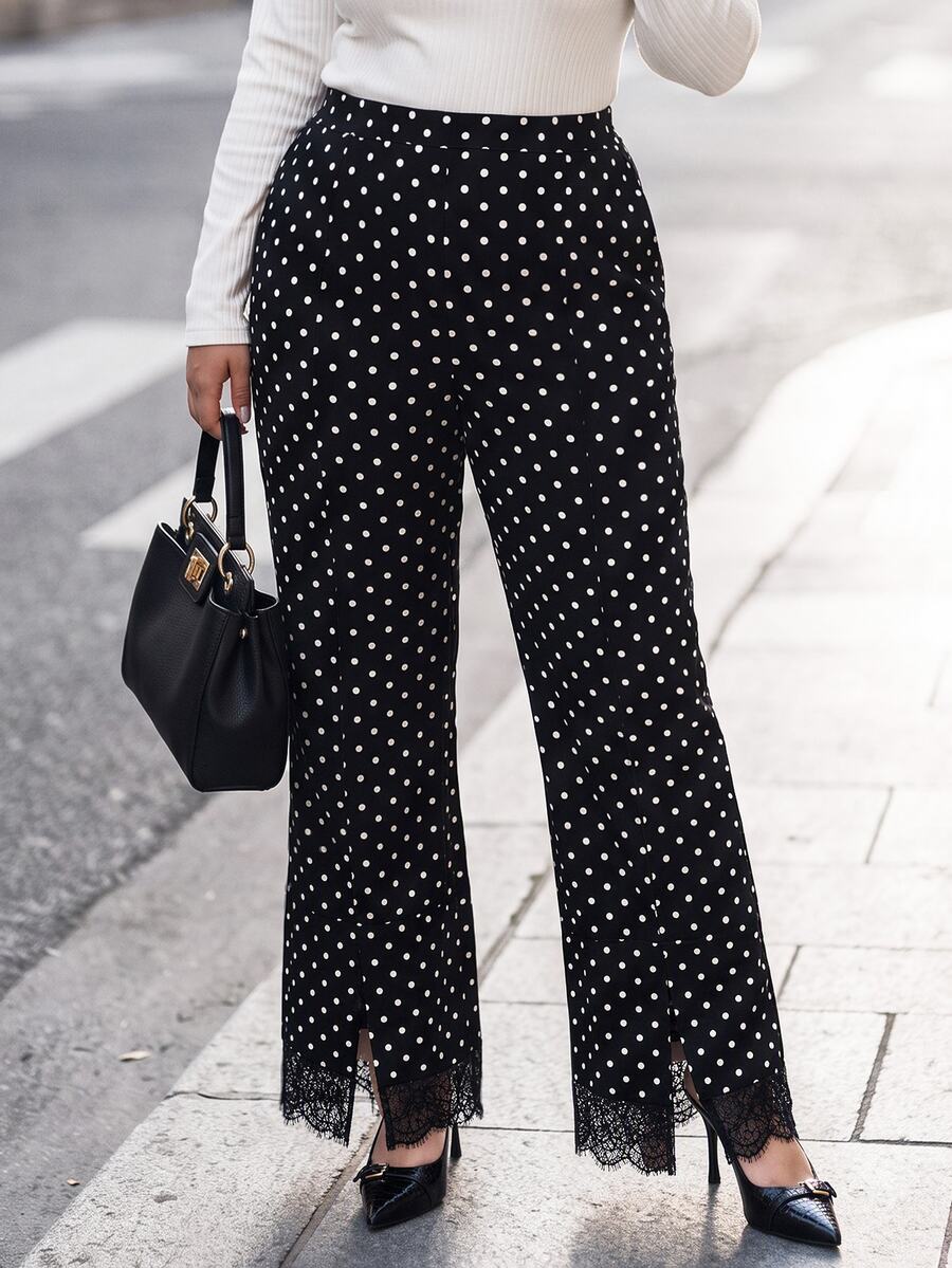 Chikora Plus Size Women's Polka Dot Lace Patchwork Casual Versatile Daily Wear Long Pants