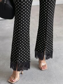 Chikora Plus Size Women's Polka Dot Lace Patchwork Casual Versatile Daily Wear Long Pants - Black - View 7