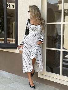 Serisse Women's French Style Vacation Lace Patchwork Polka Dot Print Dress - Black and White - View 7