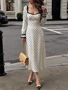 Serisse Women's French Style Vacation Lace Patchwork Polka Dot Print Dress - Black and White - View 8