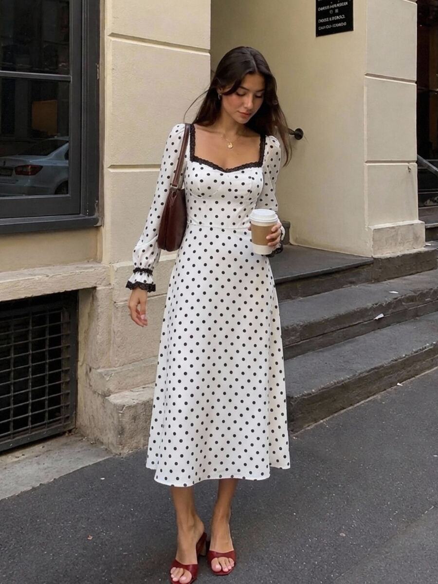 Serisse Women's French Style Vacation Lace Patchwork Polka Dot Print Dress - Black and White - View 1
