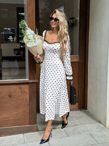 Serisse Women's French Style Vacation Lace Patchwork Polka Dot Print Dress - Black and White - View 6
