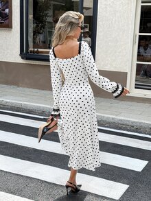 Serisse Women's French Style Vacation Lace Patchwork Polka Dot Print Dress - Black and White - View 2