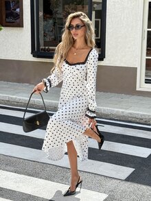 Serisse Women's French Style Vacation Lace Patchwork Polka Dot Print Dress - Black and White - View 3