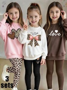 3 Sets Young Girls Fall Outfits Leopard Heart Bow Letter Print Crew Neck Sweatshirt & Leggings Set, Fall Clothes - Multicolor - View 1