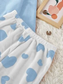 SHEIN Set Piyama Flanel Motif Hati Lengan Panjang & Celana Panjang - Biru - View 4