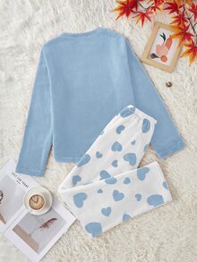 SHEIN Set Piyama Flanel Motif Hati Lengan Panjang & Celana Panjang - Biru - View 2