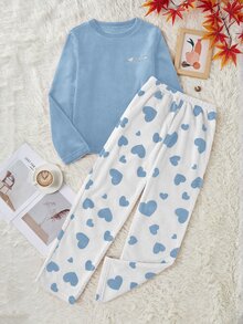 SHEIN Set Piyama Flanel Motif Hati Lengan Panjang & Celana Panjang - Biru - View 6