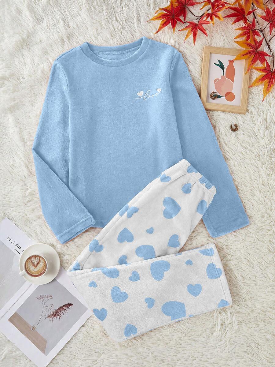 SHEIN Set Piyama Flanel Motif Hati Lengan Panjang & Celana Panjang - Biru - View 1