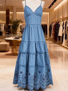 GlowEve Women's Floral Embroidered Pattern Pleated Casual Daily Wear Denim Spaghetti Strap Dress - Light Wash - View 3