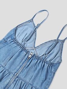 GlowEve Women's Floral Embroidered Pattern Pleated Casual Daily Wear Denim Spaghetti Strap Dress - Light Wash - View 7