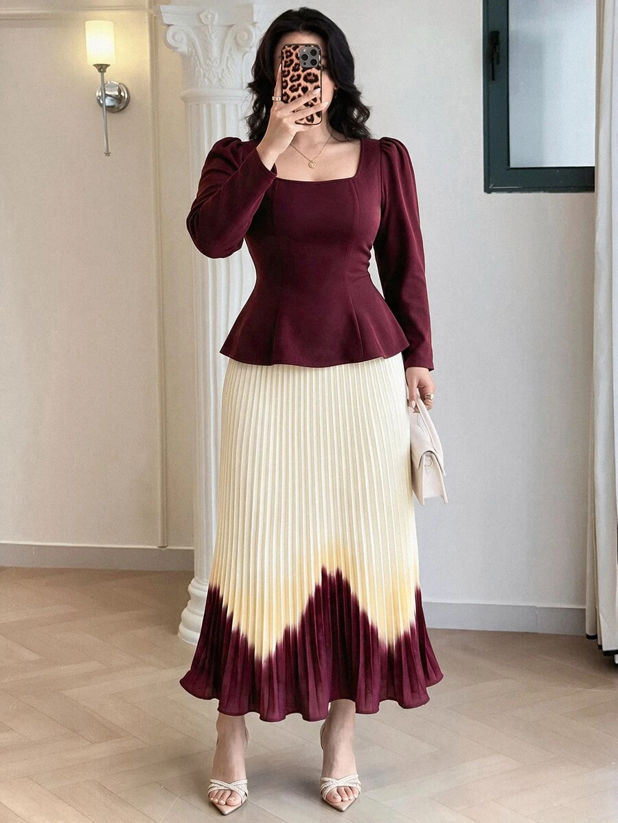 Modelyn Plus Size 2 Pieces Set, Square Neck Top + Digital Pleated Skirt Elegant 2 Pieces Set - Multicolor - View 1