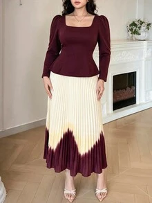 Modelyn Plus Size 2 Pieces Set, Square Neck Top + Digital Pleated Skirt Elegant 2 Pieces Set - Multicolor - View 6