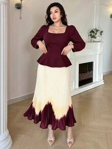 Modelyn Plus Size 2 Pieces Set, Square Neck Top + Digital Pleated Skirt Elegant 2 Pieces Set - Multicolor - View 5