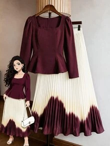 Modelyn Plus Size 2 Pieces Set, Square Neck Top + Digital Pleated Skirt Elegant 2 Pieces Set - Multicolor - View 1