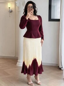 Modelyn Plus Size 2 Pieces Set, Square Neck Top + Digital Pleated Skirt Elegant 2 Pieces Set - Multicolor - View 7