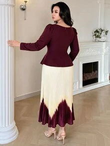Modelyn Plus Size 2 Pieces Set, Square Neck Top + Digital Pleated Skirt Elegant 2 Pieces Set - Multicolor - View 3