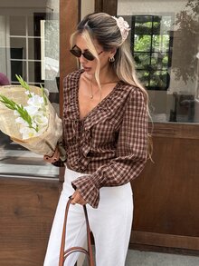 Serisse Women's Korean Street Style Plaid Ruffle Tie-Front Blouse - Multicolor - View 7