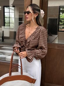 Serisse Women's Korean Street Style Plaid Ruffle Tie-Front Blouse - Multicolor - View 9