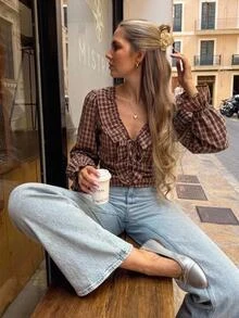 Serisse Women's Korean Street Style Plaid Ruffle Tie-Front Blouse - Multicolor - View 1