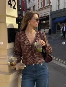 Serisse Women's Korean Street Style Plaid Ruffle Tie-Front Blouse - Multicolor - View 5
