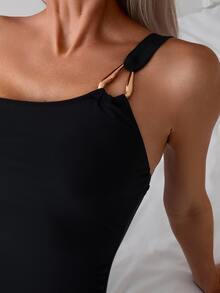 Swim Chiccia Solid Color One Shoulder Slim Fit One-Piece Swimsuit For Swimming, Vacation, Summer Beach - Black - View 4